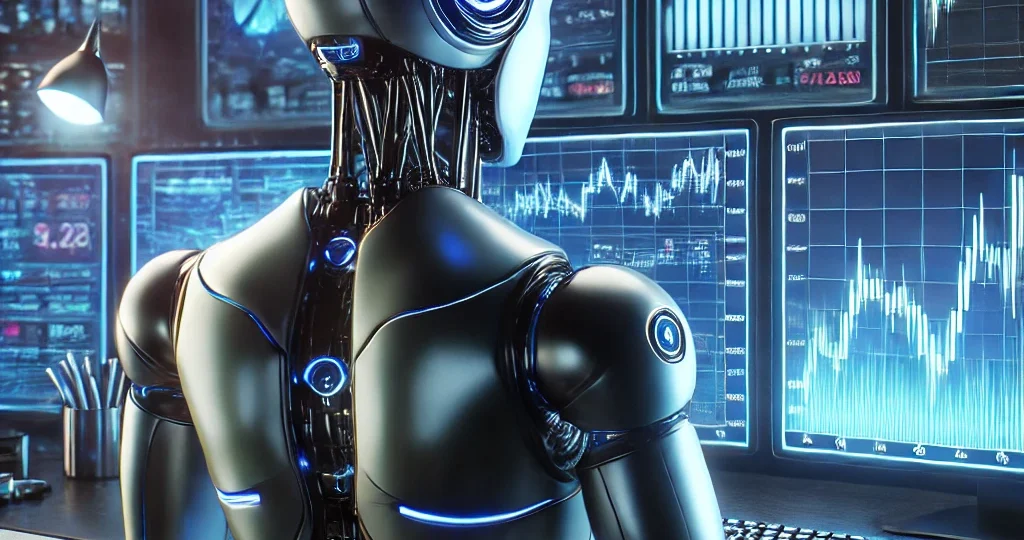 DALL·E 2025-02-27 23.27.38 - A futuristic humanoid robot with a sleek metallic design is sitting in a high-tech trading office, focusing on multiple monitors displaying cryptocurr