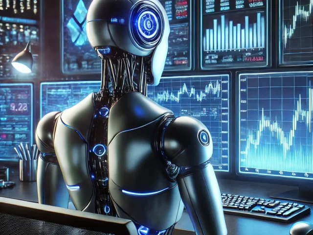 DALL·E 2025-02-27 23.27.38 - A futuristic humanoid robot with a sleek metallic design is sitting in a high-tech trading office, focusing on multiple monitors displaying cryptocurr