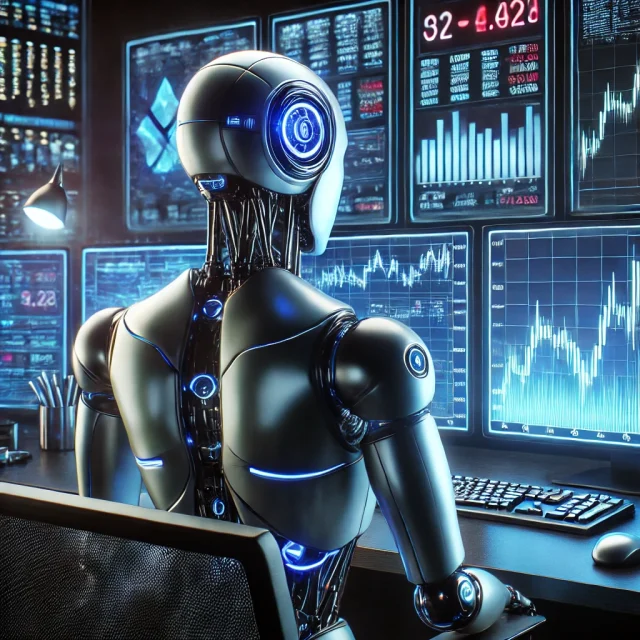 DALL·E 2025-02-27 23.27.38 - A futuristic humanoid robot with a sleek metallic design is sitting in a high-tech trading office, focusing on multiple monitors displaying cryptocurr